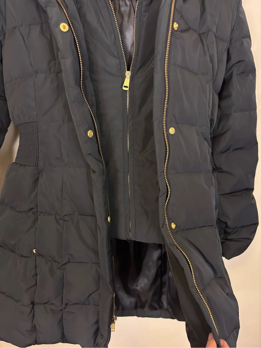 Cole Haan Black Quilted Hooded Puffer Coat with Gold Hardware Women’s Medium